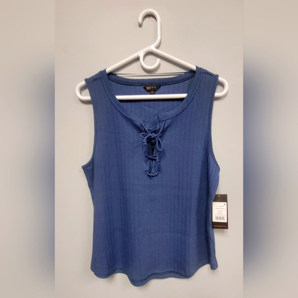 Frye Women's Lace Up Sleeveless shirt, blue, size L.